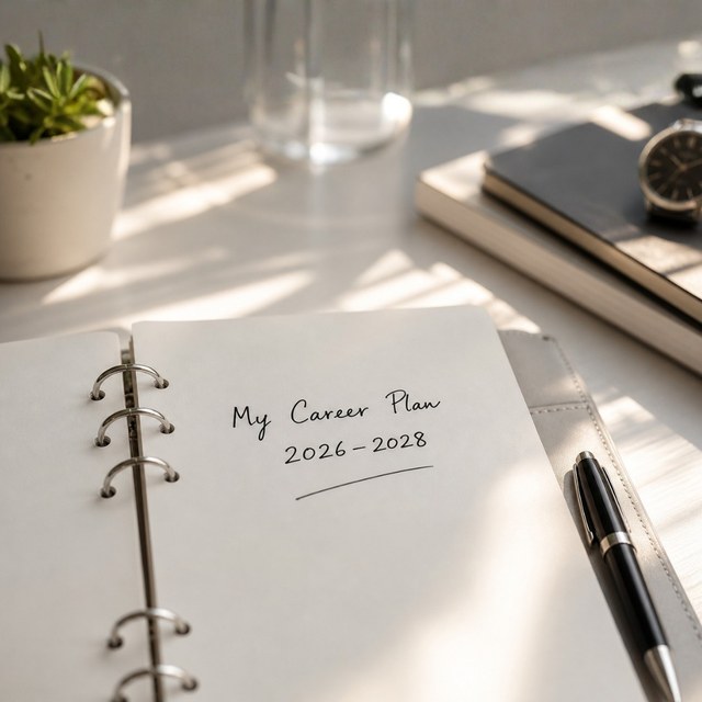 A handwritten career plan in an open ringbinder notebook on a windowsill, with a succulent and a watch nearby