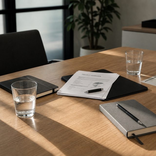 An interview meeting room, two glasses of water on a wooden table, project papers and a black pen